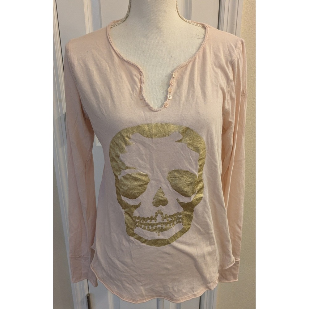 Zadig & Voltaire Tunisien Cotton Gold Skull Print Pink Henley Top Large